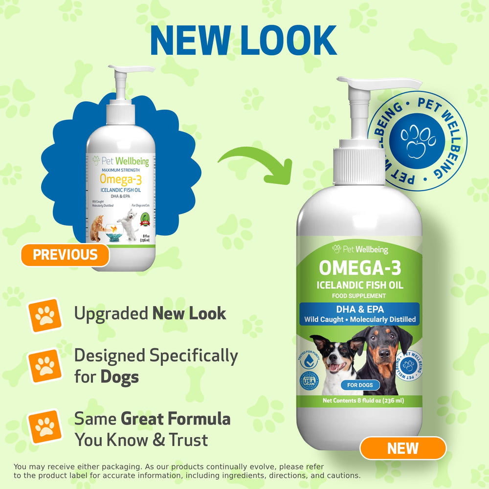 Versement pratique de l'huile Omega-3 Pet Wellbeing pour usage quotidien.