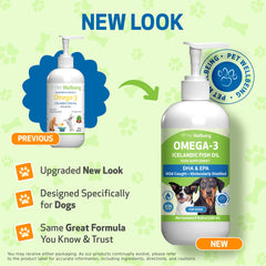 Versement pratique de l'huile Omega-3 Pet Wellbeing pour usage quotidien.