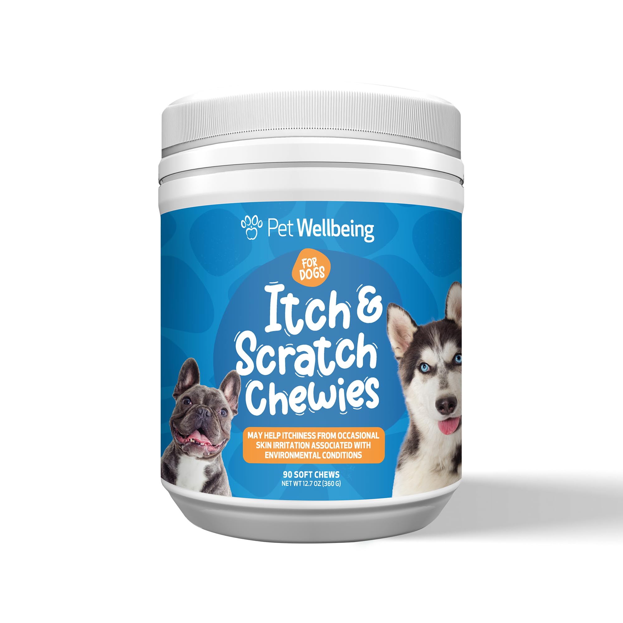 Pet Wellbeing Itch & Scratch Chewies boîte visible et utilisation pratique pour chiens.