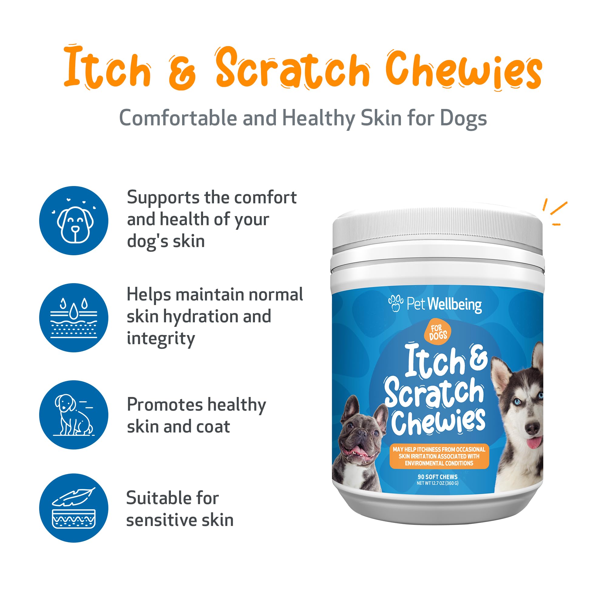 Pet Wellbeing Itch & Scratch Chewies bouteille prête, friandises molles appréciées.