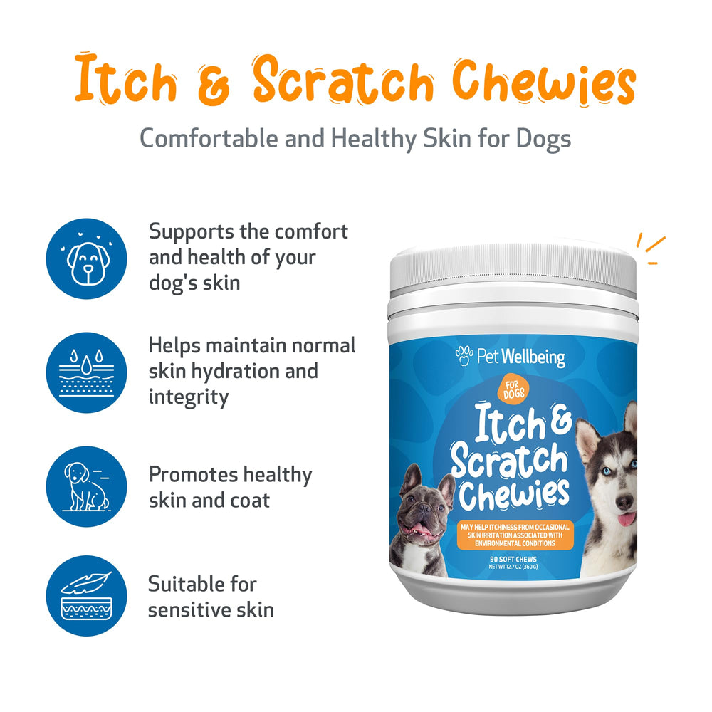 Pet Wellbeing Itch & Scratch Chewies bouteille prête, friandises molles appréciées.