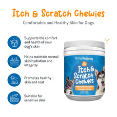 Pet Wellbeing Itch & Scratch Chewies bouteille prête, friandises molles appréciées.