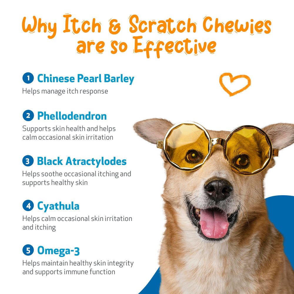 Pet Wellbeing Itch & Scratch Chewies friandises molles sur planche.