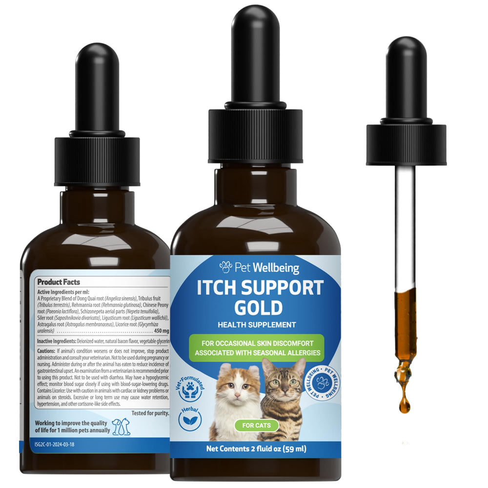 Pet Wellbeing Itch Support Gold, bouteille avec pipette pour apaiser les démangeaisons.