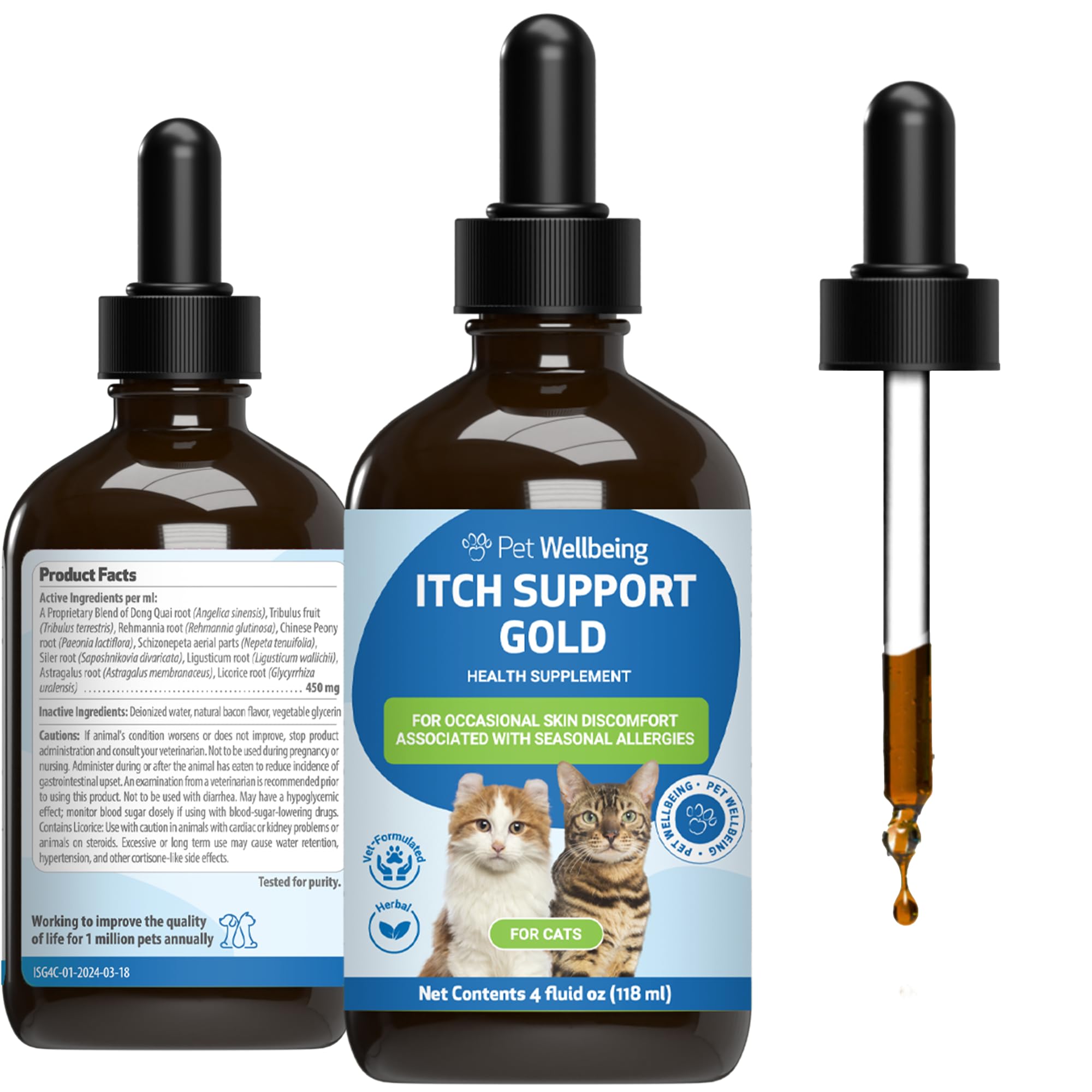 Pet Wellbeing Itch Support Gold – bouteille de gouttes pour le confort cutané du chat.