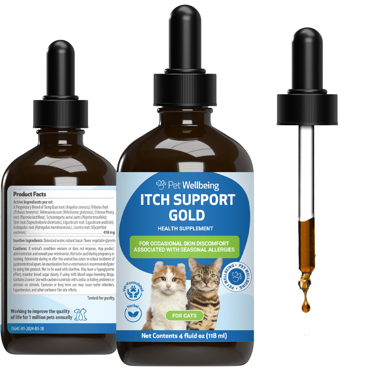 Pet Wellbeing Itch Support Gold – bouteille de gouttes pour le confort cutané du chat.