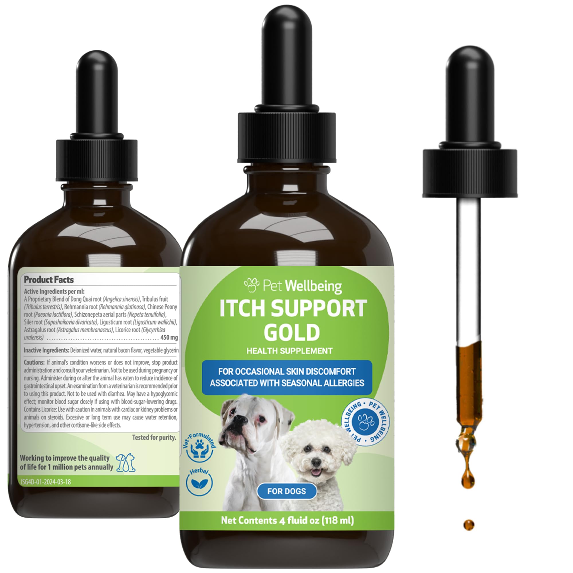 Pet Wellbeing Itch Support Gold – Bouteille montrant le soutien cutané des chiens.