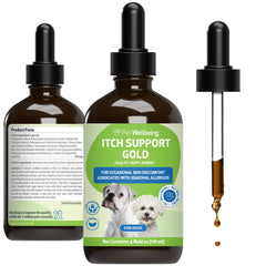Pet Wellbeing Itch Support Gold – Bouteille montrant le soutien cutané des chiens.