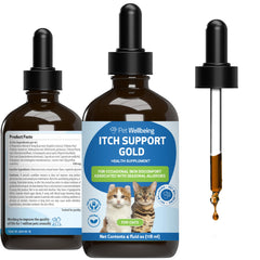 Pet Wellbeing Itch Support Gold – bouteille de gouttes pour le confort cutané du chat.