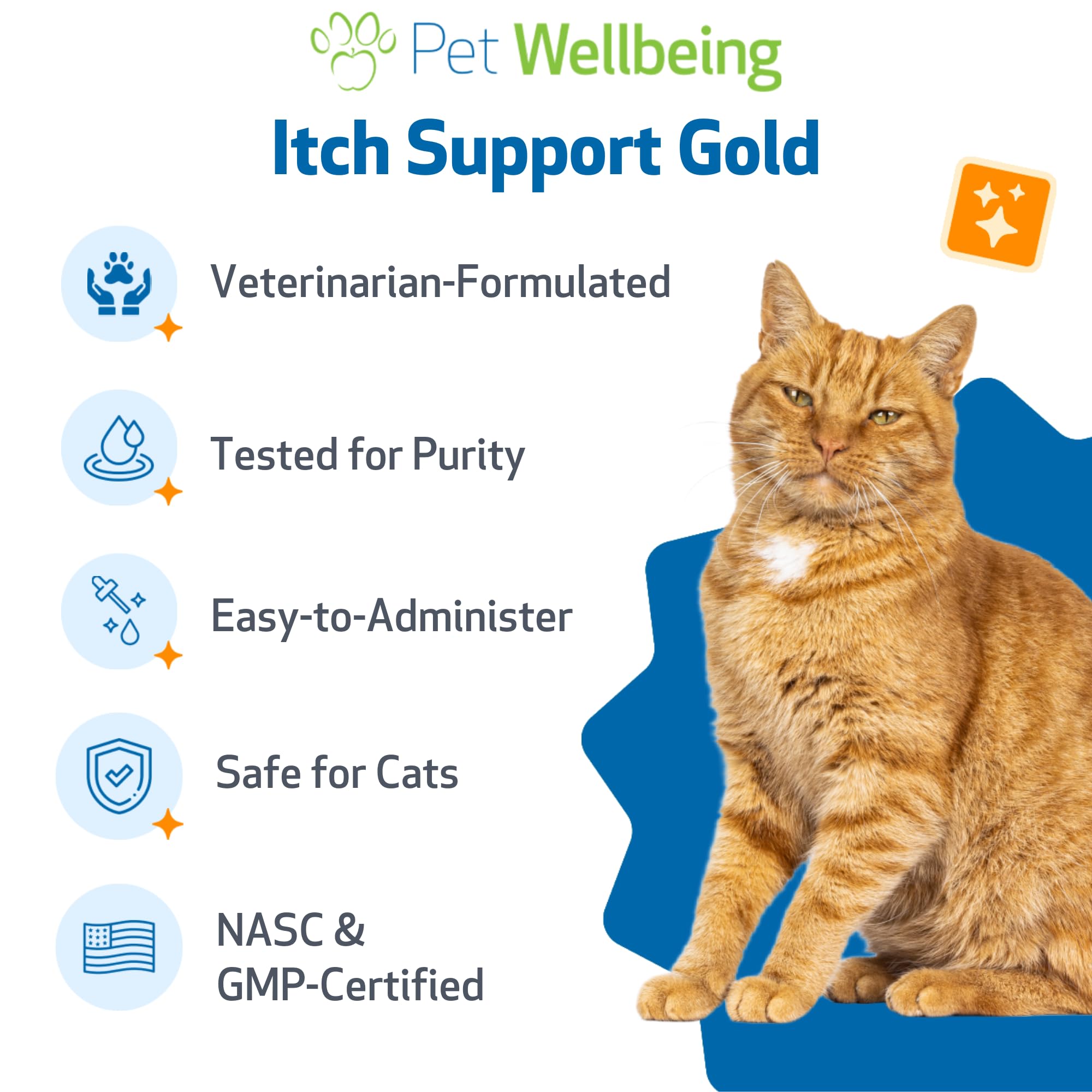Pet Wellbeing Itch Support Gold, ingrédients naturels soutenant la peau sensible.