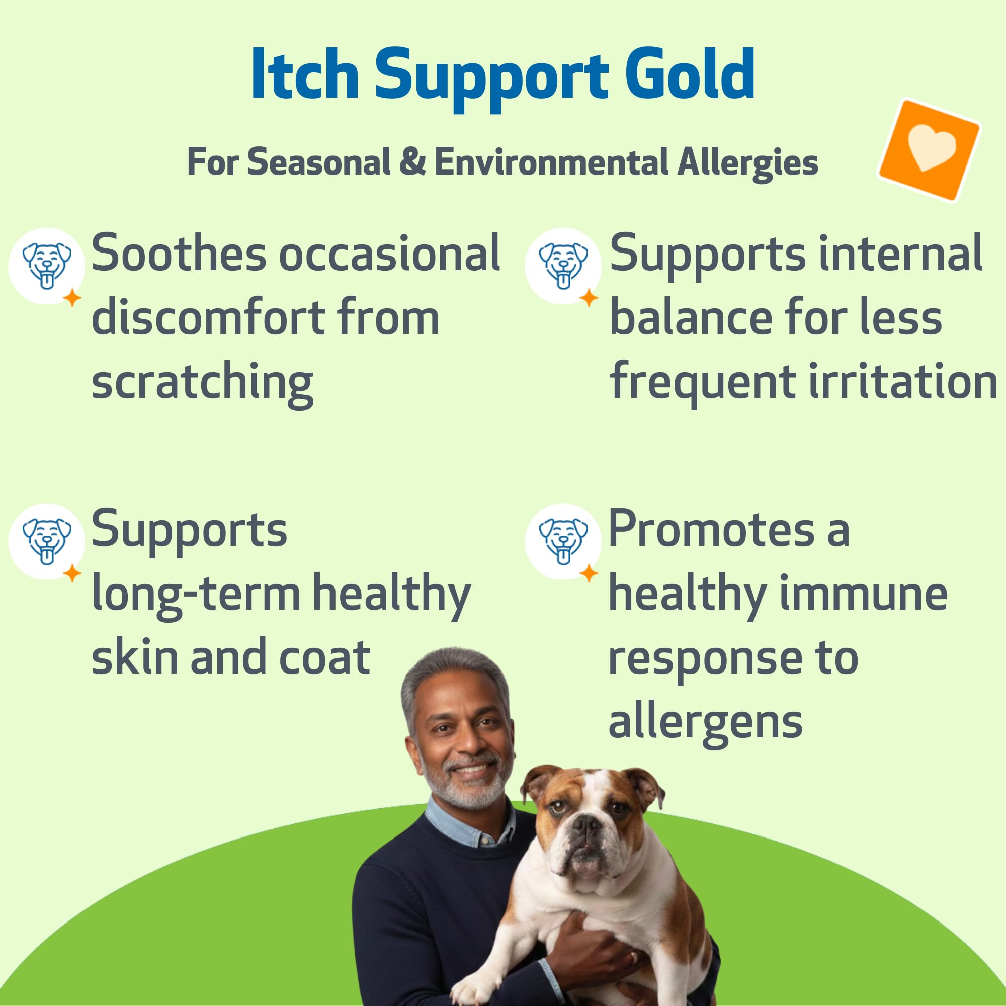 Pet Wellbeing Itch Support Gold – Étiquette indiquant usages et ingrédients naturels.