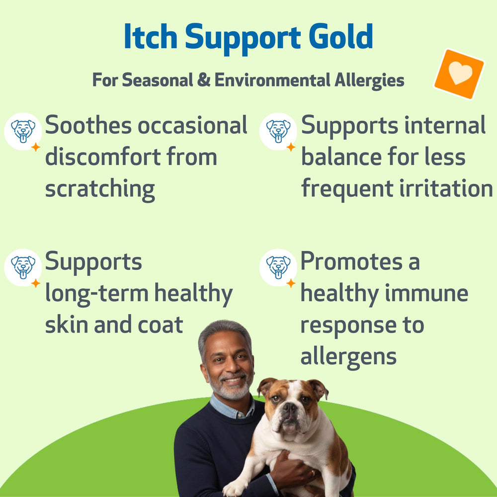 Pet Wellbeing Itch Support Gold – Étiquette indiquant usages et ingrédients naturels.
