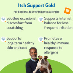 Pet Wellbeing Itch Support Gold – Étiquette indiquant usages et ingrédients naturels.