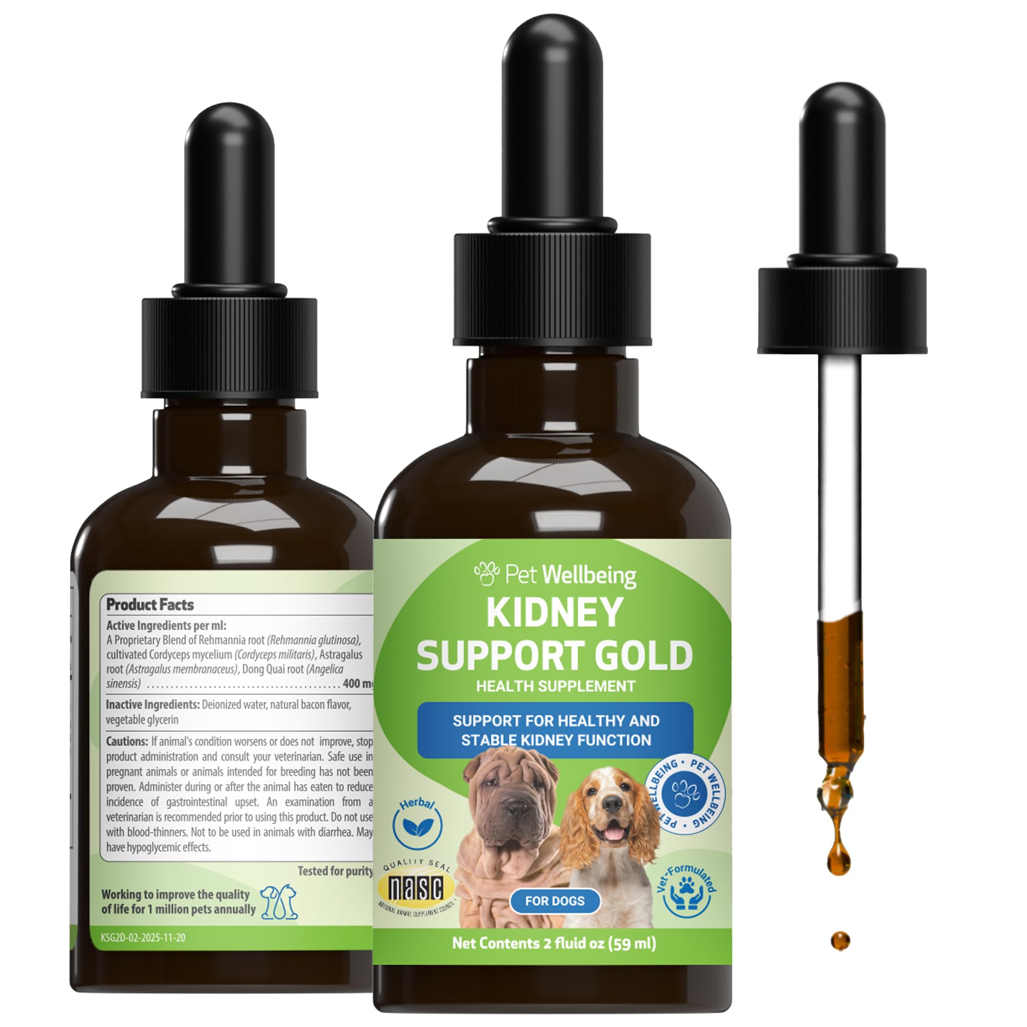 Pet Wellbeing Kidney Support Gold en flacon pour soutien potentiel à la fonction rénale