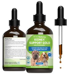 Pet Wellbeing Kidney Support Gold bouteille: soutien rénal et hydratation pour chiens.