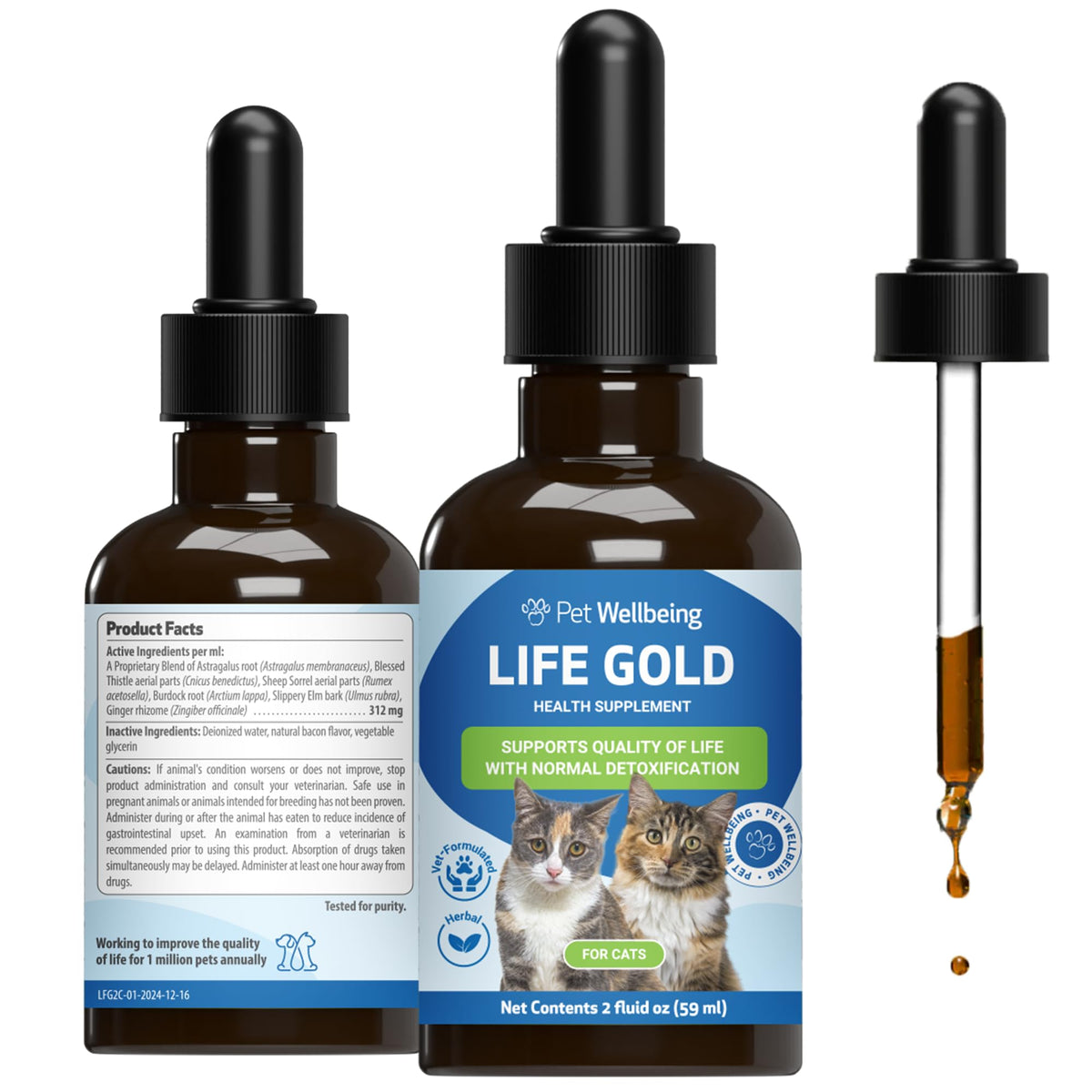Pet Wellbeing Life Gold chat flacon pipette, administration simple et bien-être quotidien.