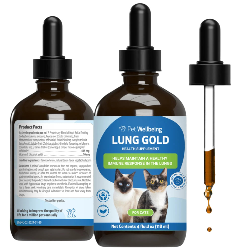 Pet Wellbeing Lung Gold – bouteille pour chat, soutien des voies respiratoires.