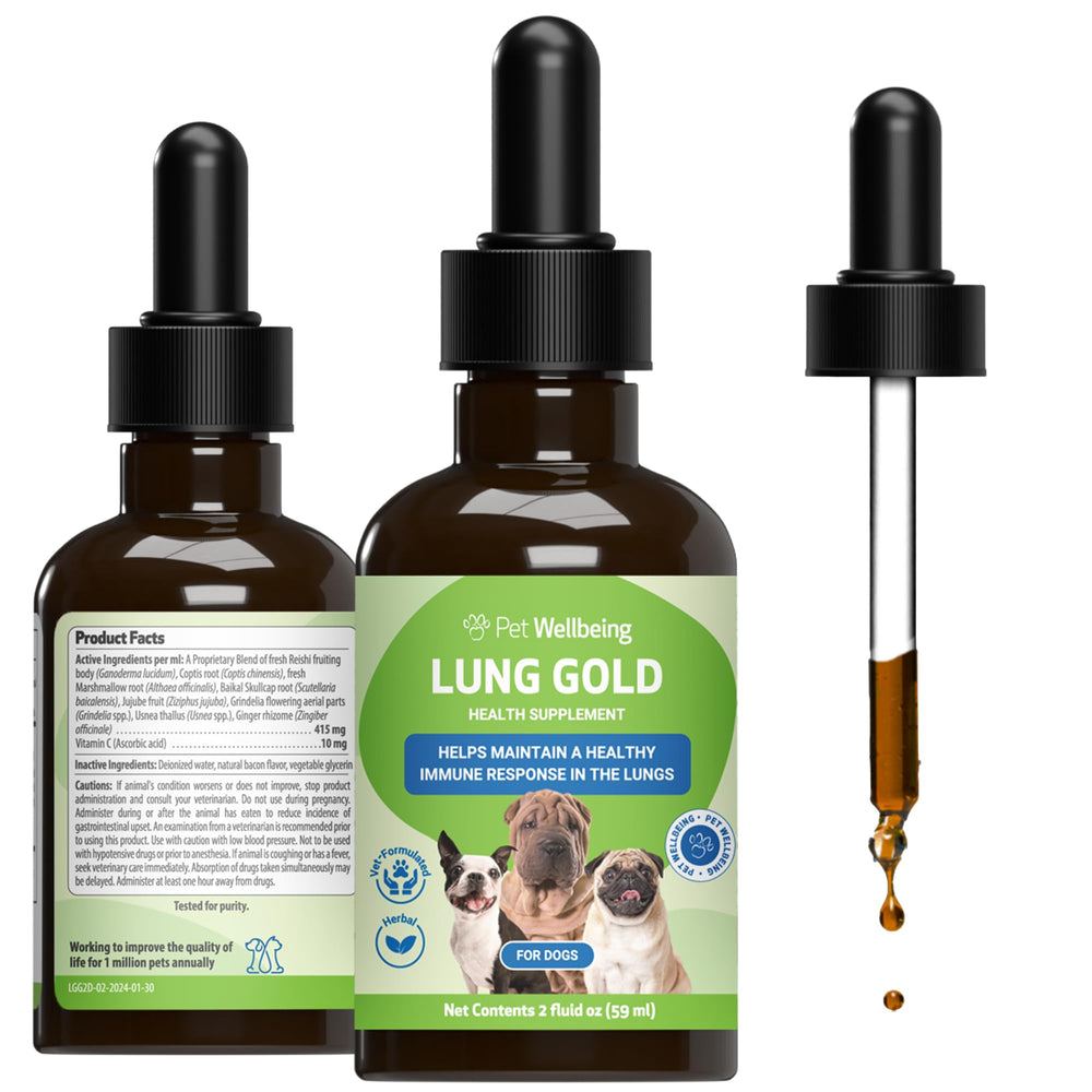 Bouteille Pet Wellbeing Lung Gold montrée, pratique pour l'administration quotidienne
