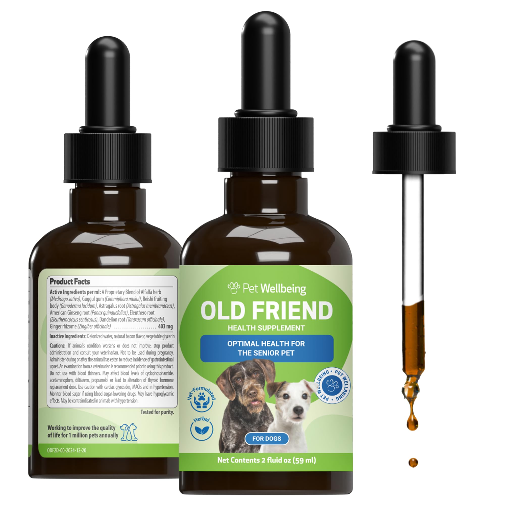 Pet Wellbeing Old Friend pour chien senior — bouteille pratique et confort potentiel.