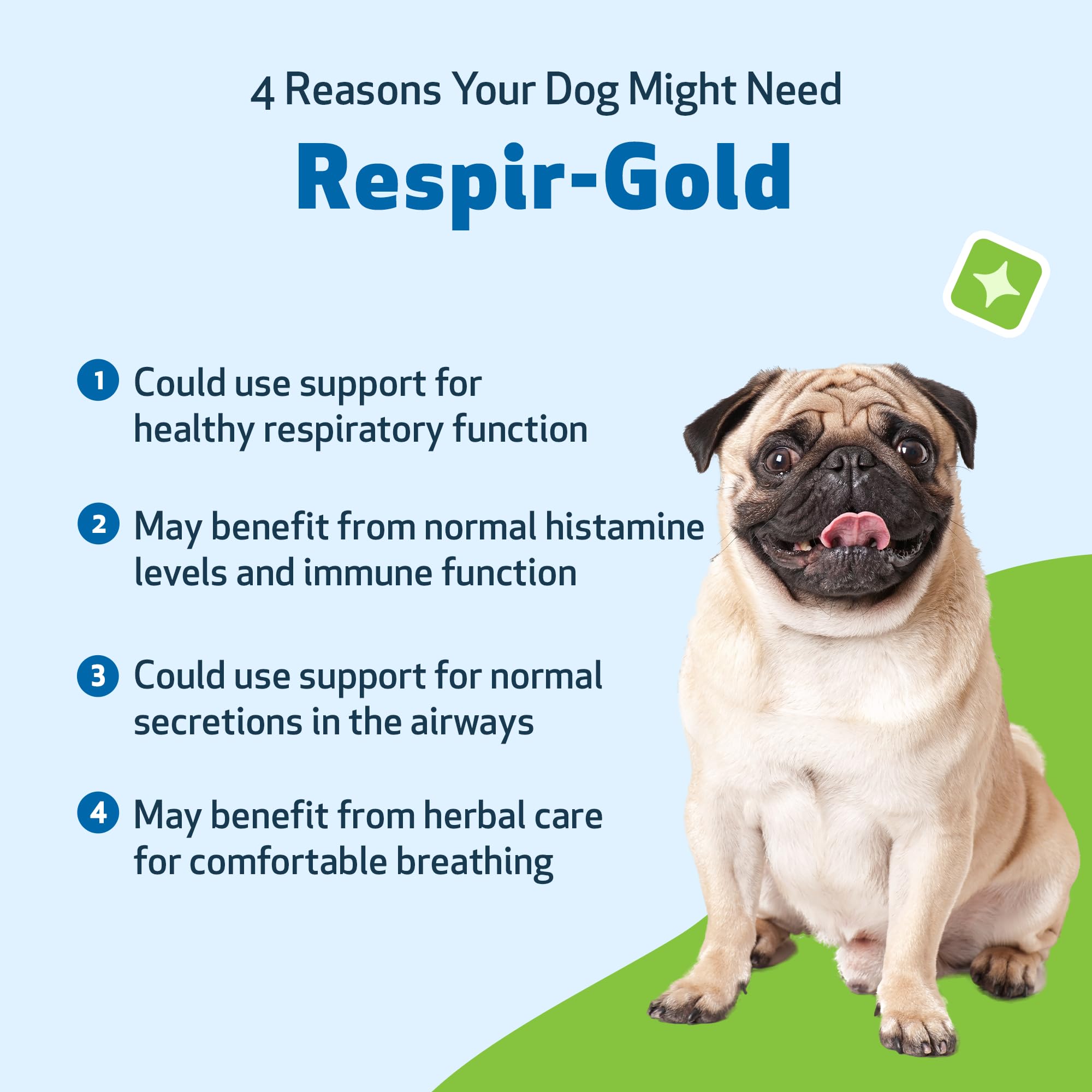Respir-Gold – étiquette du produit présentant ingrédients et usages potentiels pour chien.