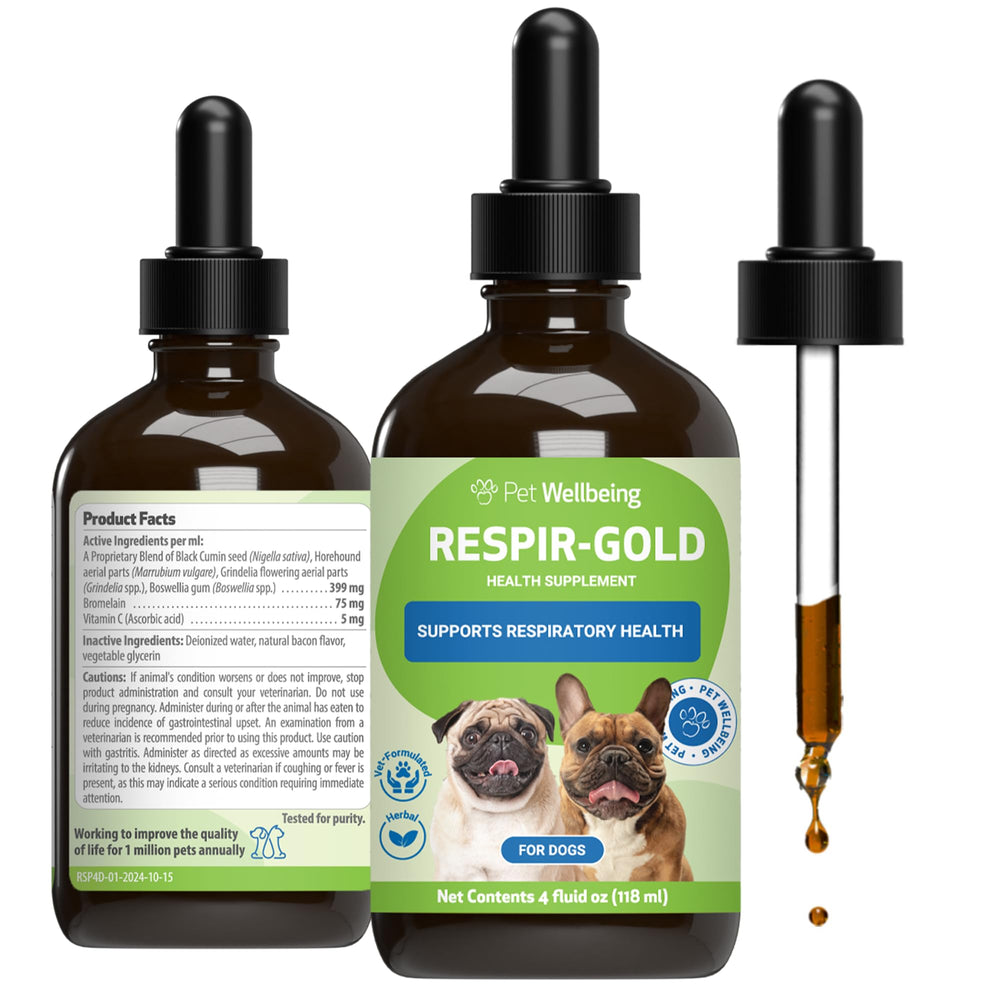 Pet Wellbeing Respir-Gold flacon gouttes pour une respiration plus fluide.