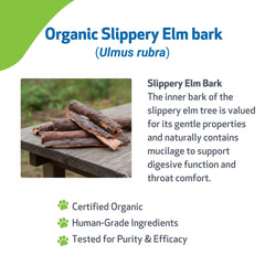 Étiquette Pet Wellbeing Slippery Elm, informations claires sur le produit.