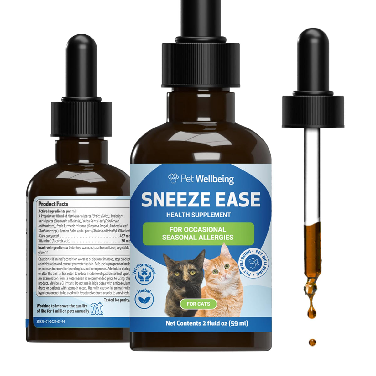 Flacon Pet Wellbeing Sneeze Ease pour chats, soutien au bien-être quotidien.