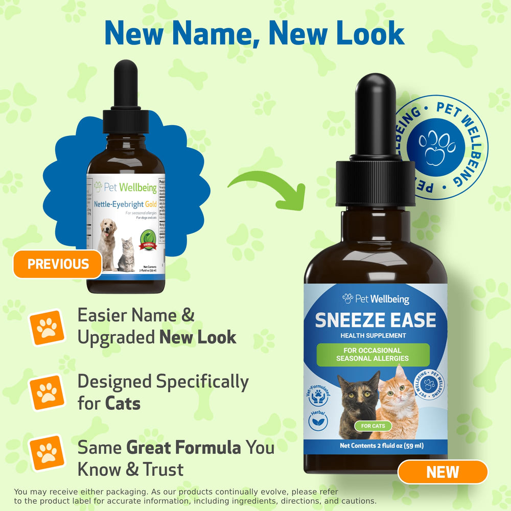 Étiquette Pet Wellbeing Sneeze Ease affichant eyebright et ortie.