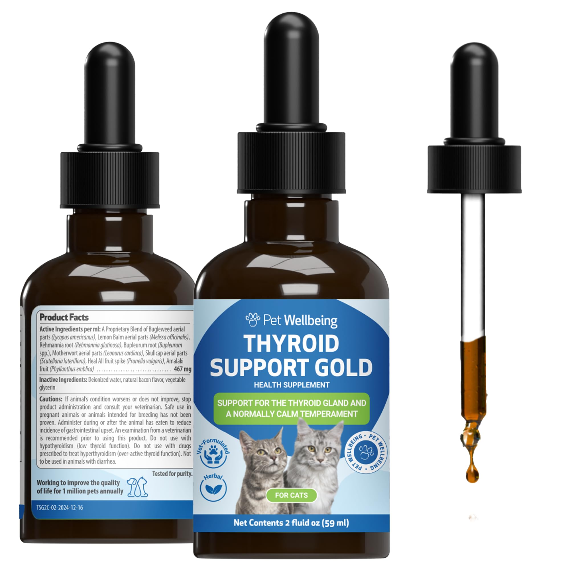 Flacon Pet Wellbeing Soutien Thyroïde Doré pour chat, prêt à administrer.