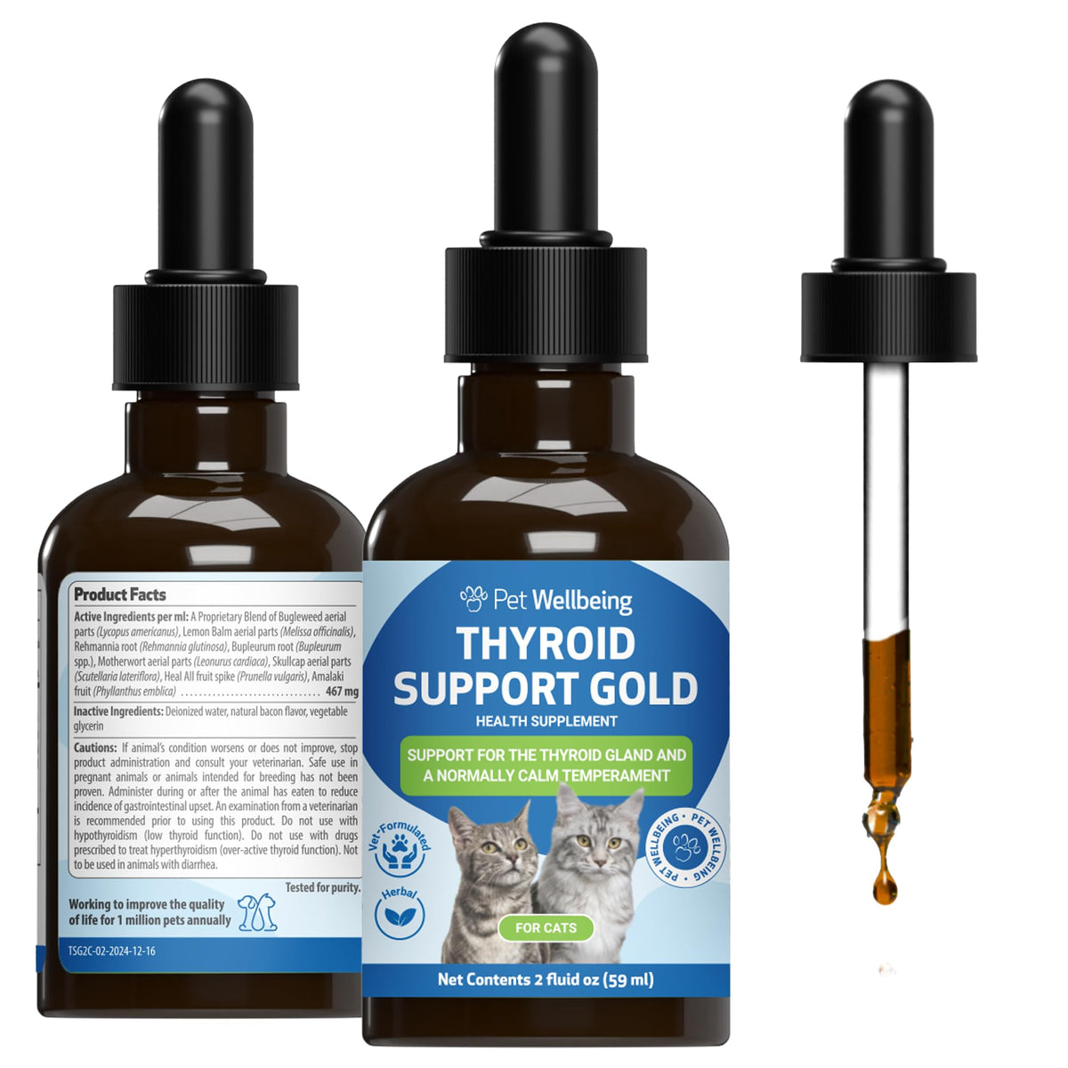 Flacon Pet Wellbeing Soutien Thyroïde Doré pour chat, prêt à administrer.
