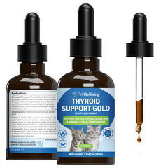 Flacon Pet Wellbeing Soutien Thyroïde Doré pour chat, prêt à administrer.