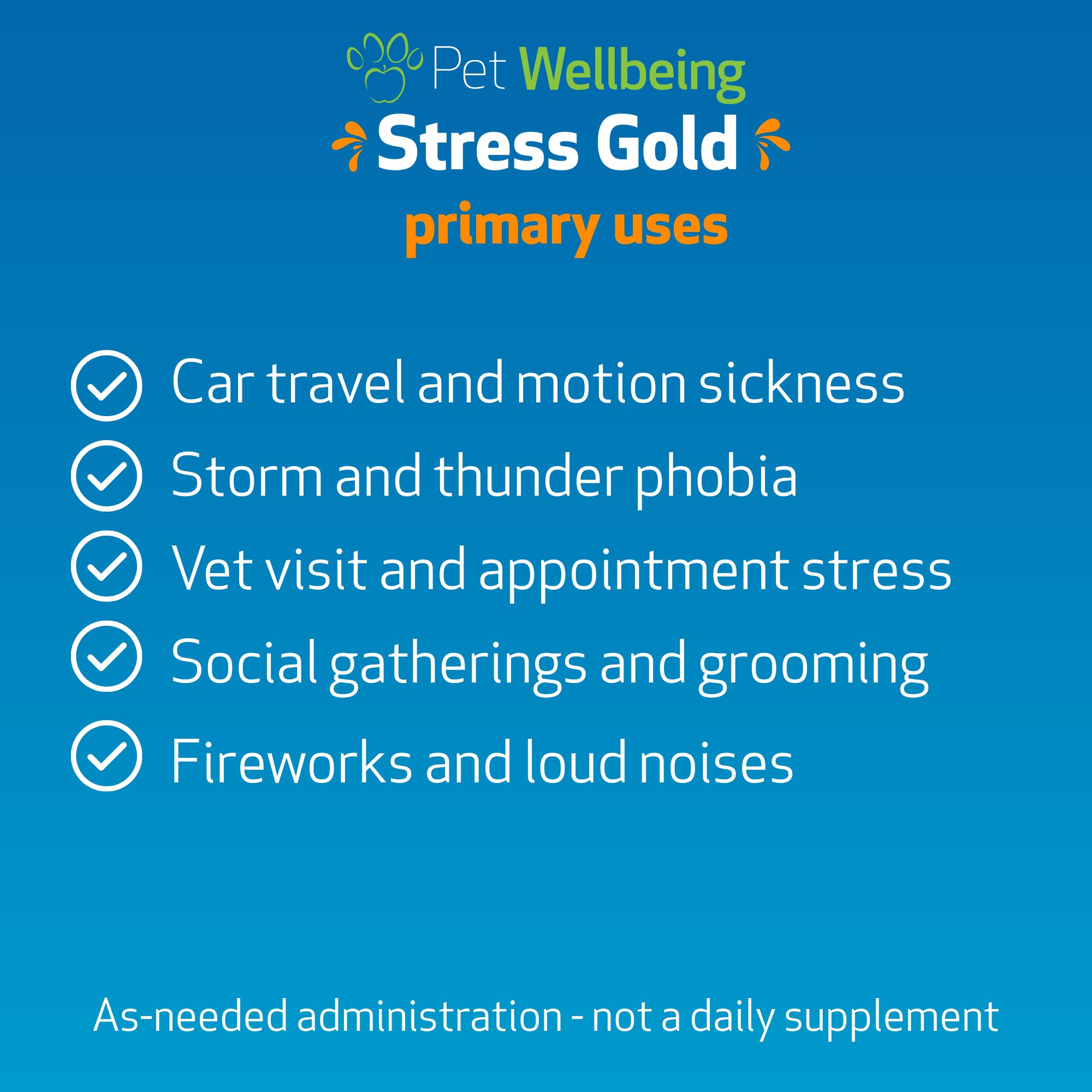 Stress Gold Pet Wellbeing: flacon 2 oz, administration pratique pour événements stressants.