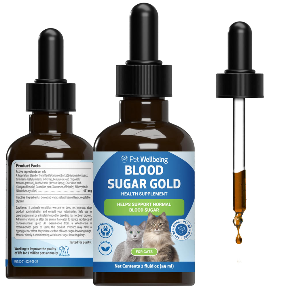 Flacon Pet Wellbeing Blood Sugar Gold pour chats, soutien potentiel de la glycémie