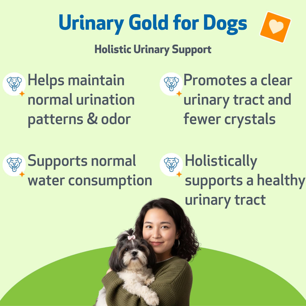 Pet Wellbeing Urinary Gold – etiquette du flacon, approche naturelle pour le confort urinaire.