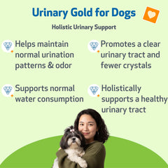 Pet Wellbeing Urinary Gold – etiquette du flacon, approche naturelle pour le confort urinaire.