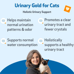 Étiquette Pet Wellbeing Urinary Gold affichant ingrédients naturels et mode d’emploi