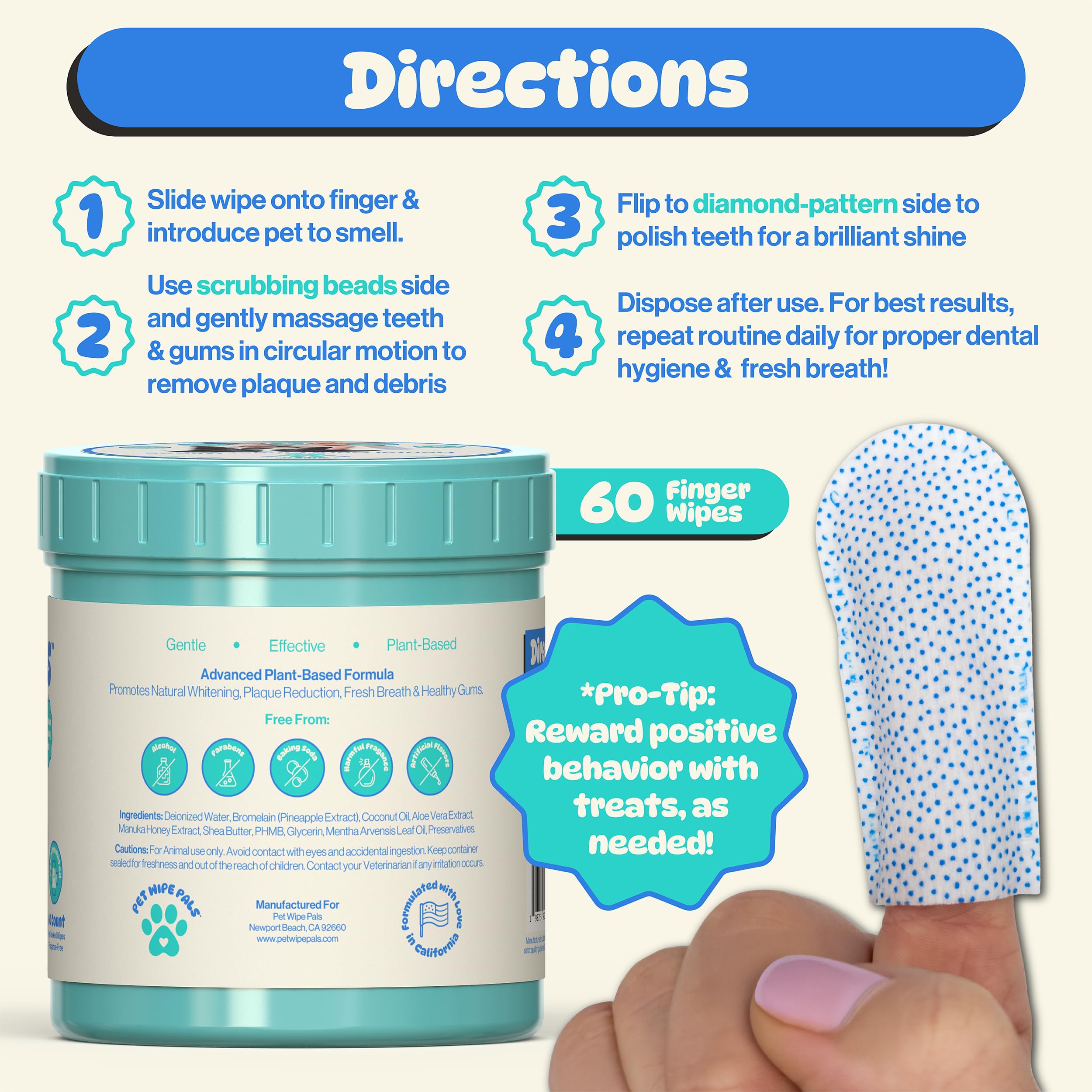 Pet Wipe Pals sans rinçage, utilisation quotidienne pratique pour chiens et chats.