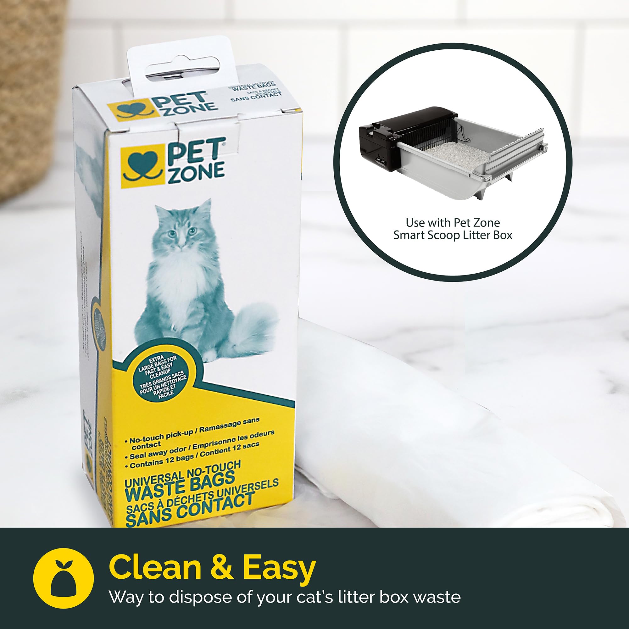 Sacs Pet Zone compatibles litière automatique, réduction des éclaboussures et odeurs.