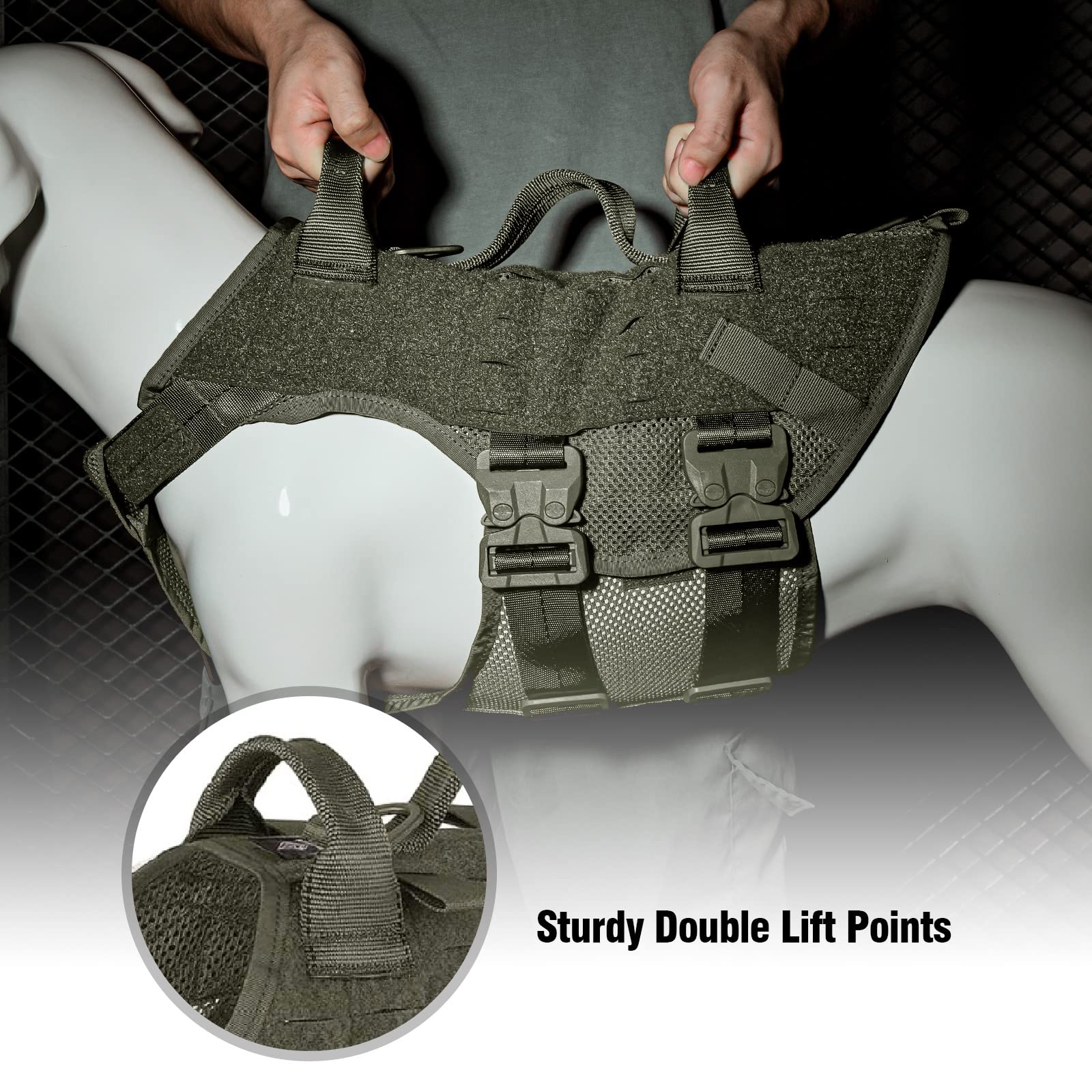 Harnais PETAC GEAR avec système MOLLE et poignée, prêt pour équipements modulaires.