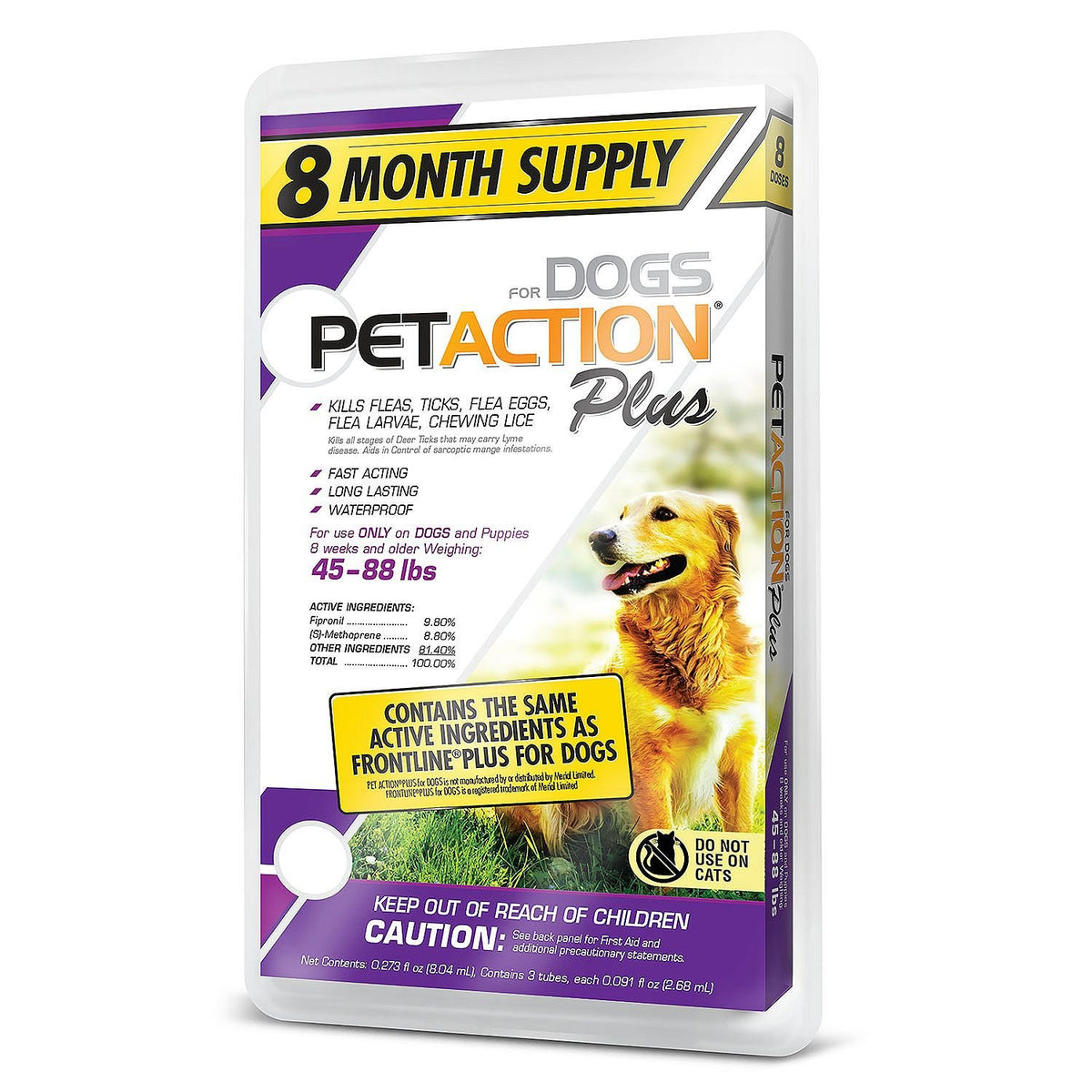Pet Action Plus pour chiens, emballage du produit, pratique pour une protection mensuelle
