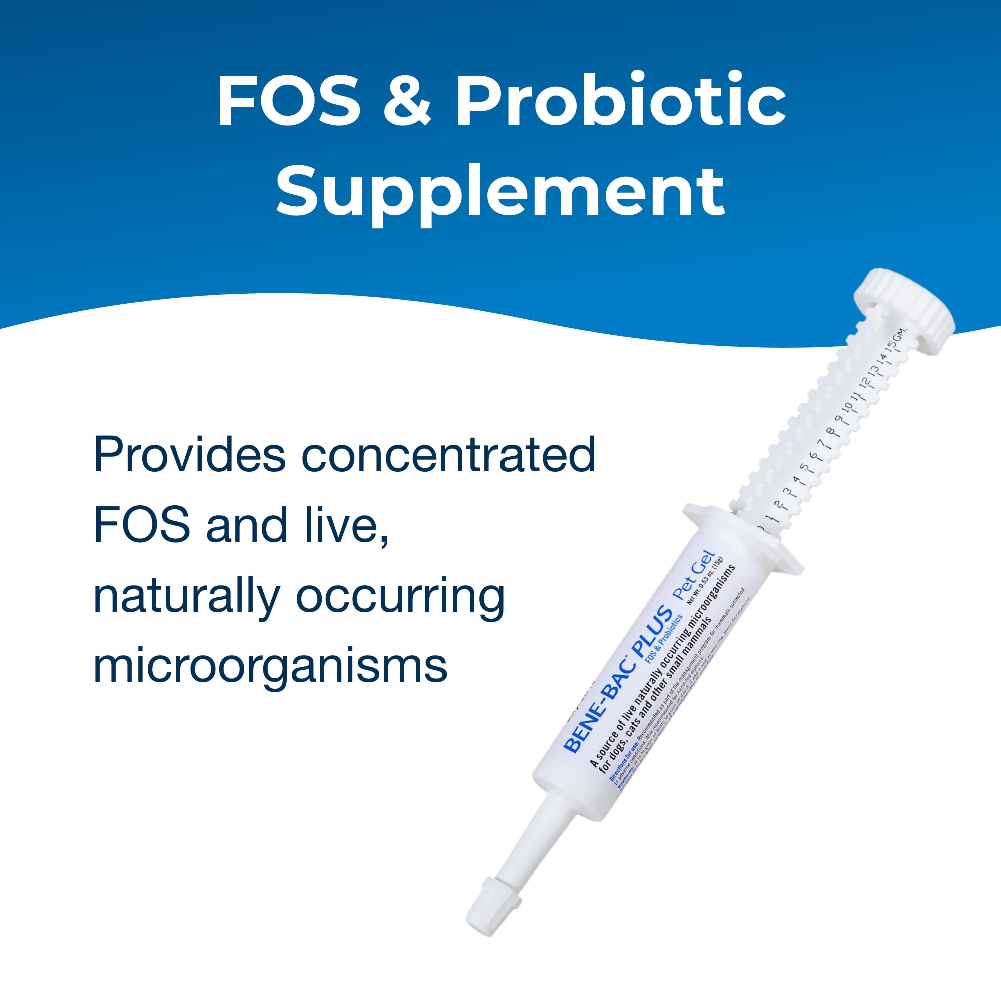 PetAg Bene-Bac Plus Gel, tubes 15 g, visuel de composition FOS/probiotiques pour animaux.