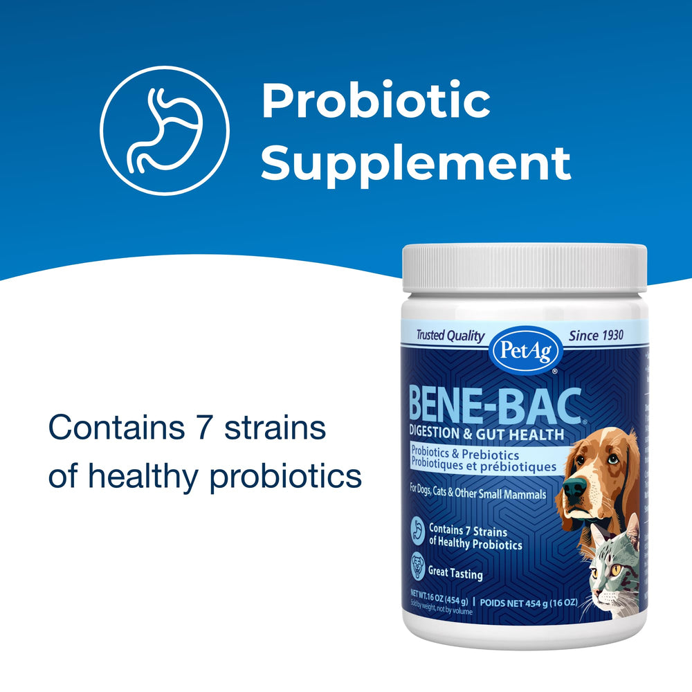 PetAg Bene-Bac Plus, mesure-dosage pratique, utile après antibiotiques et lors du sevrage.