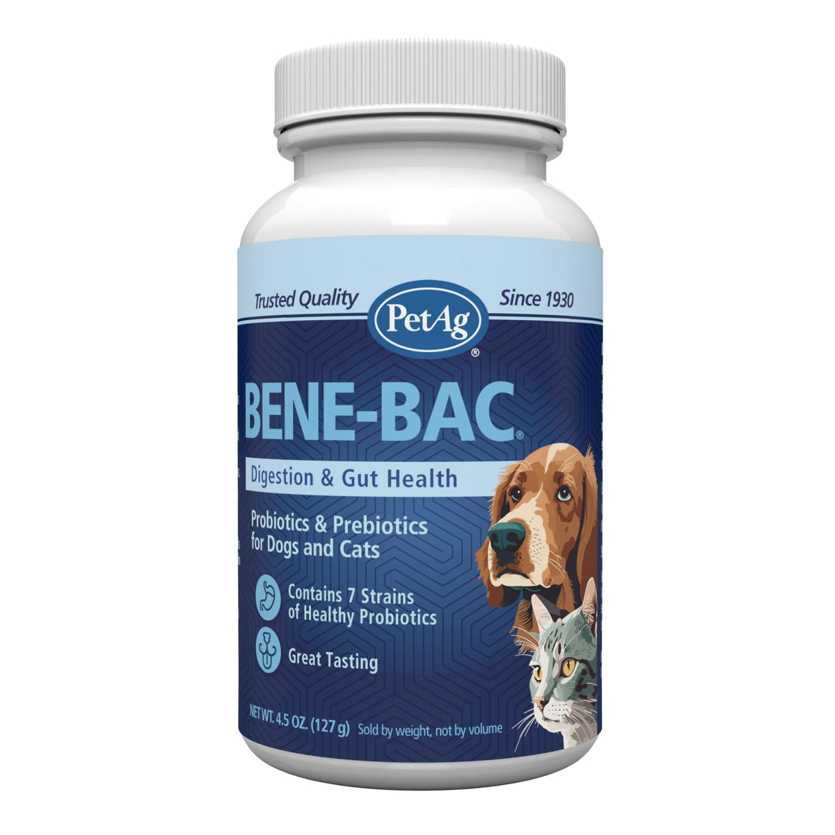 PetAg Bene-Bac poudre probiotiques pour chiens et chats, soutien digestif potentiel.