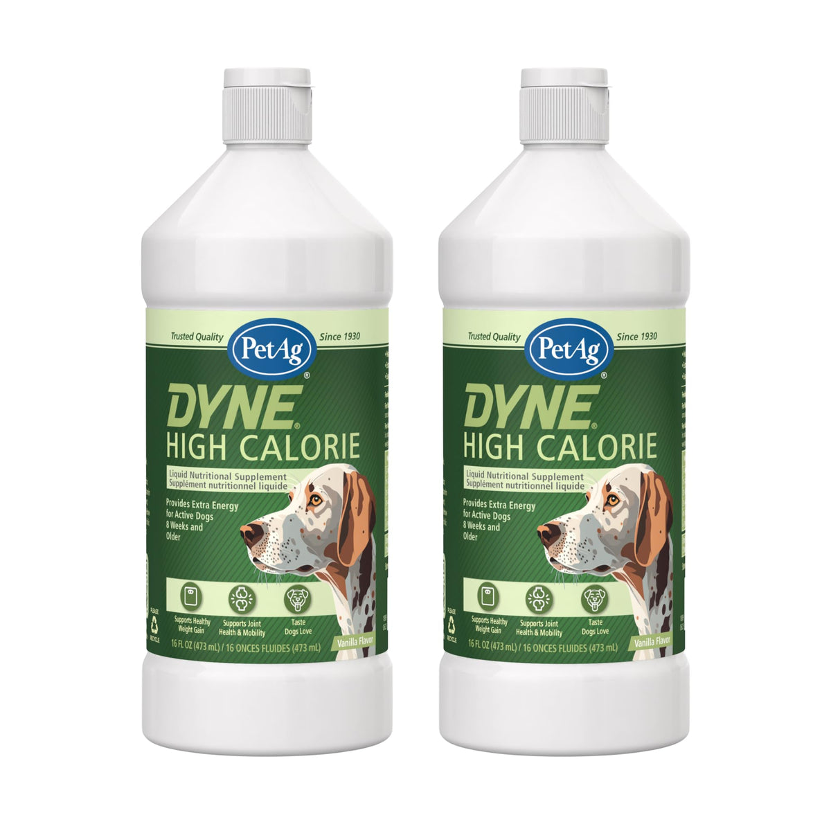 Flacon PetAg Dyne 16 oz, apport calorique pratique pour chiens et chiots.