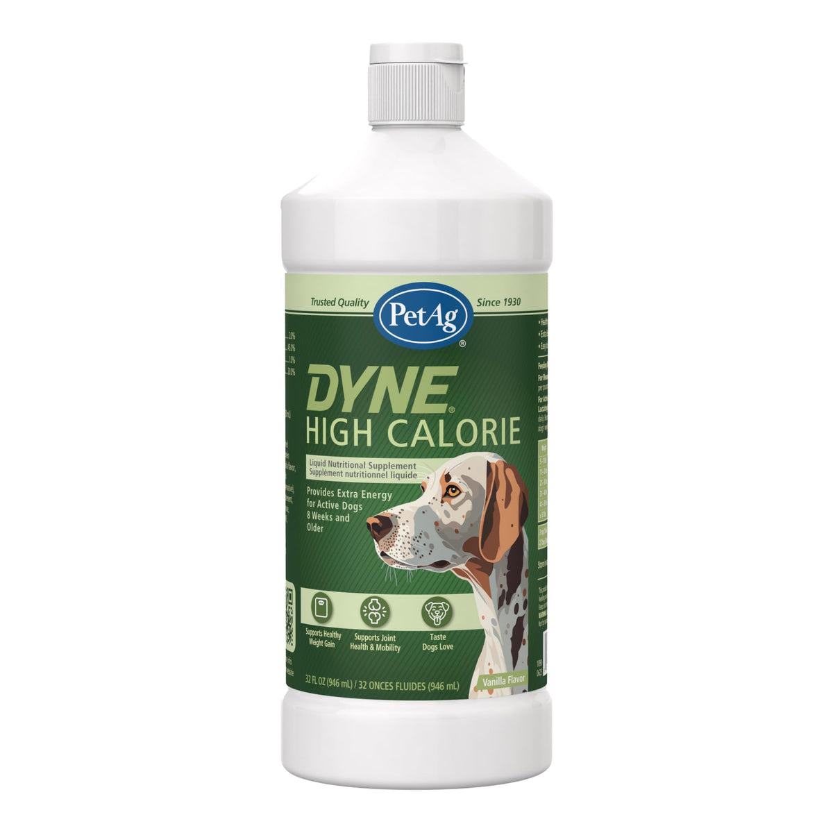 Dyne PetAg, bouteille haute calorie vanille, soutient l'énergie des chiens actifs.