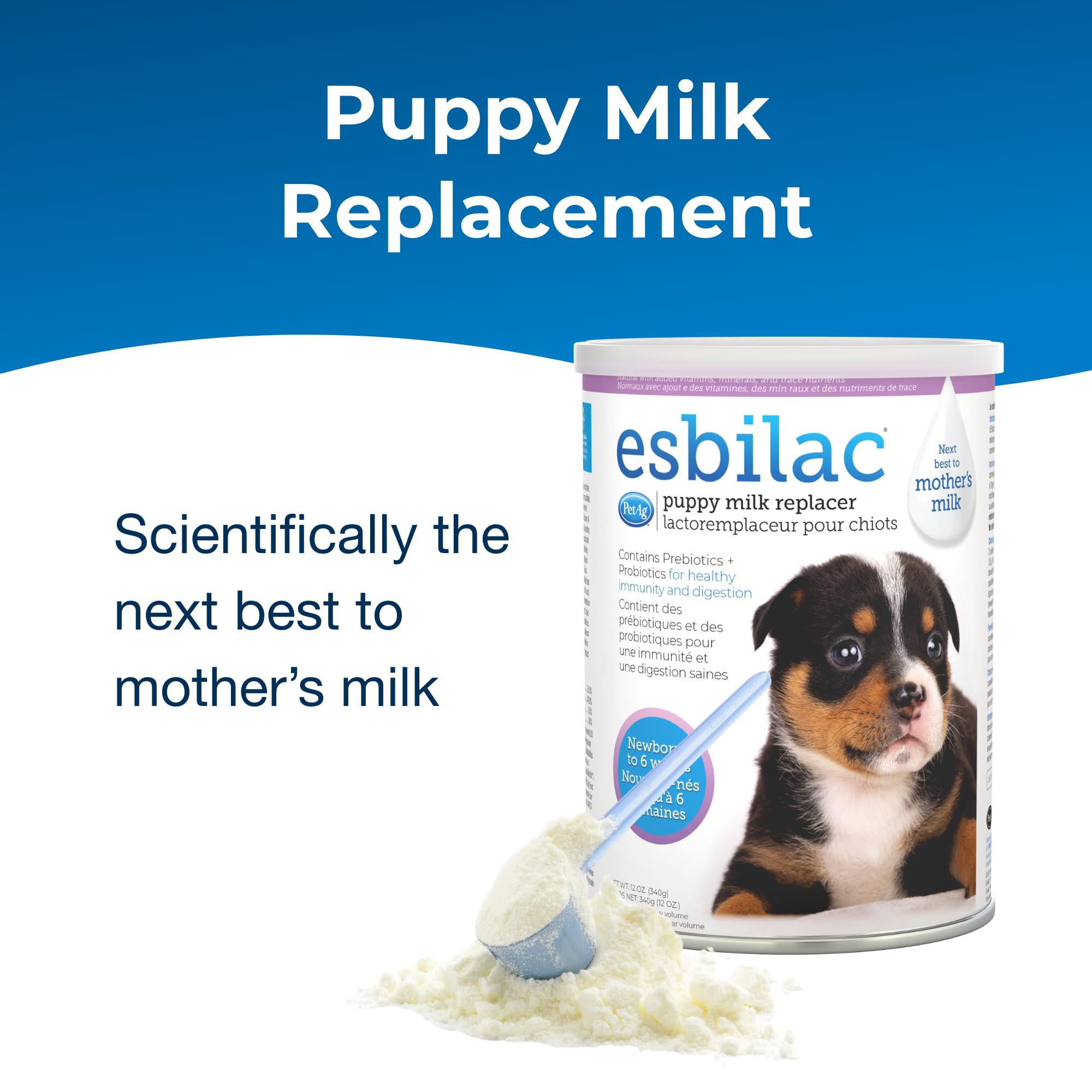 Esbilac PetAg: eau chaude pour melange, lait prêt à nourrir les chiots.