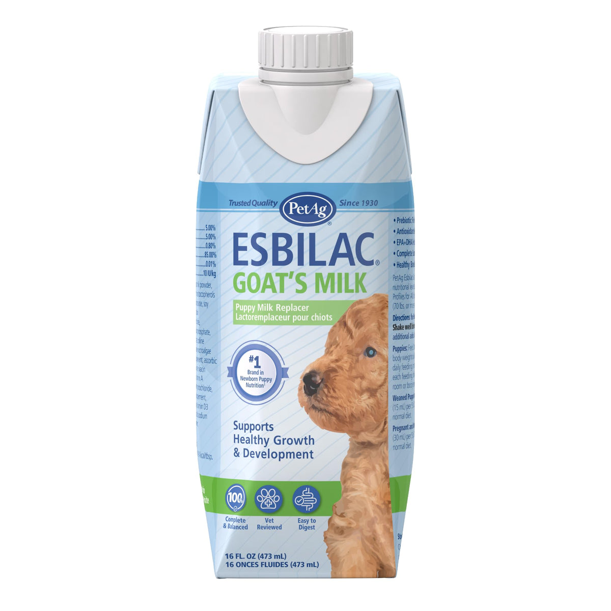 Esbilac de PetAg, lait chèvre prêt à servir, soutient une digestion douce chez les chiots.
