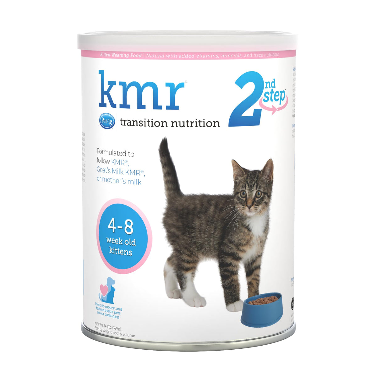 PetAg KMR 2e étape emballage clair pour démarrer l'alimentation des chatons.