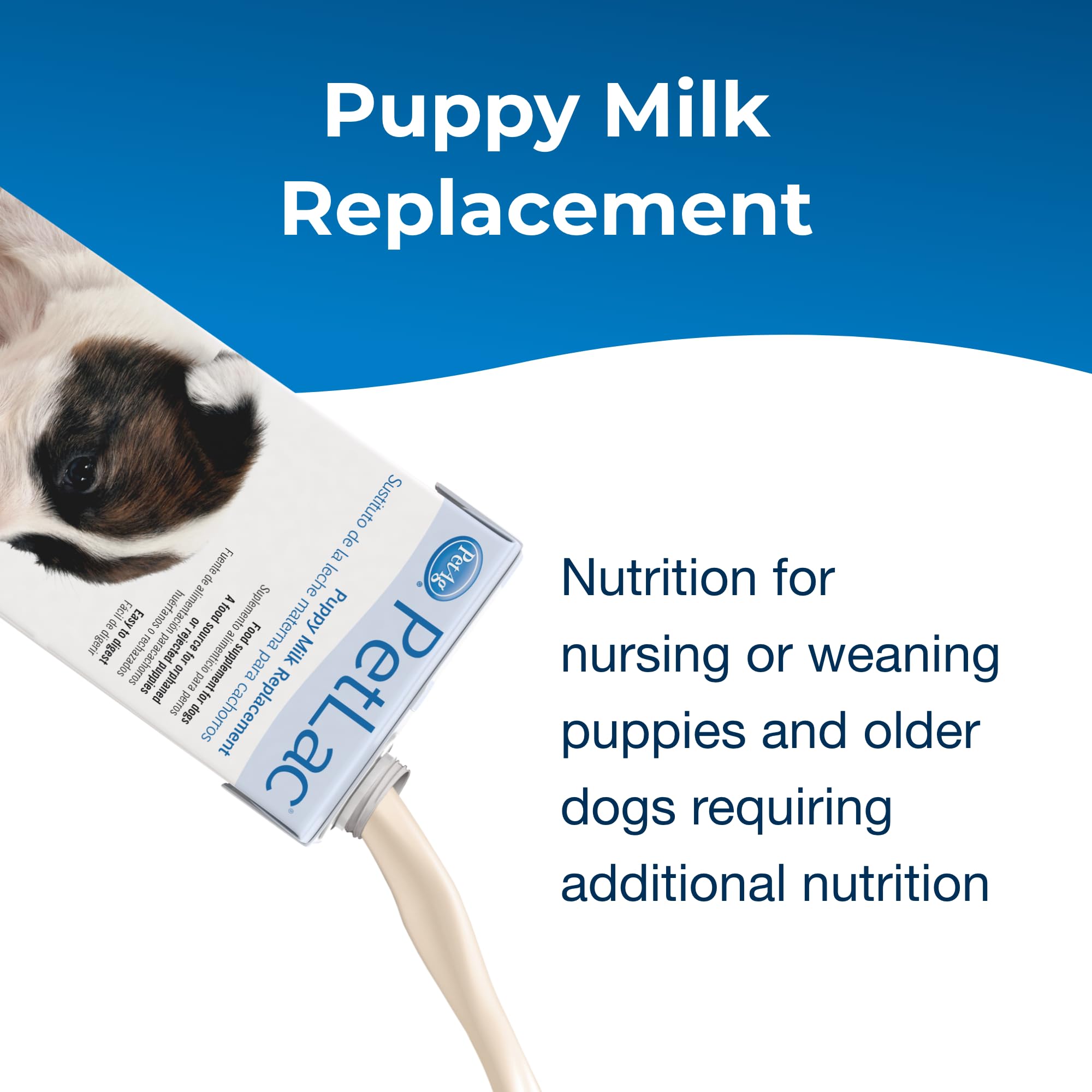 PetLac PetAg, emballage TetraPak, fermeture pratique pour plusieurs chiots.
