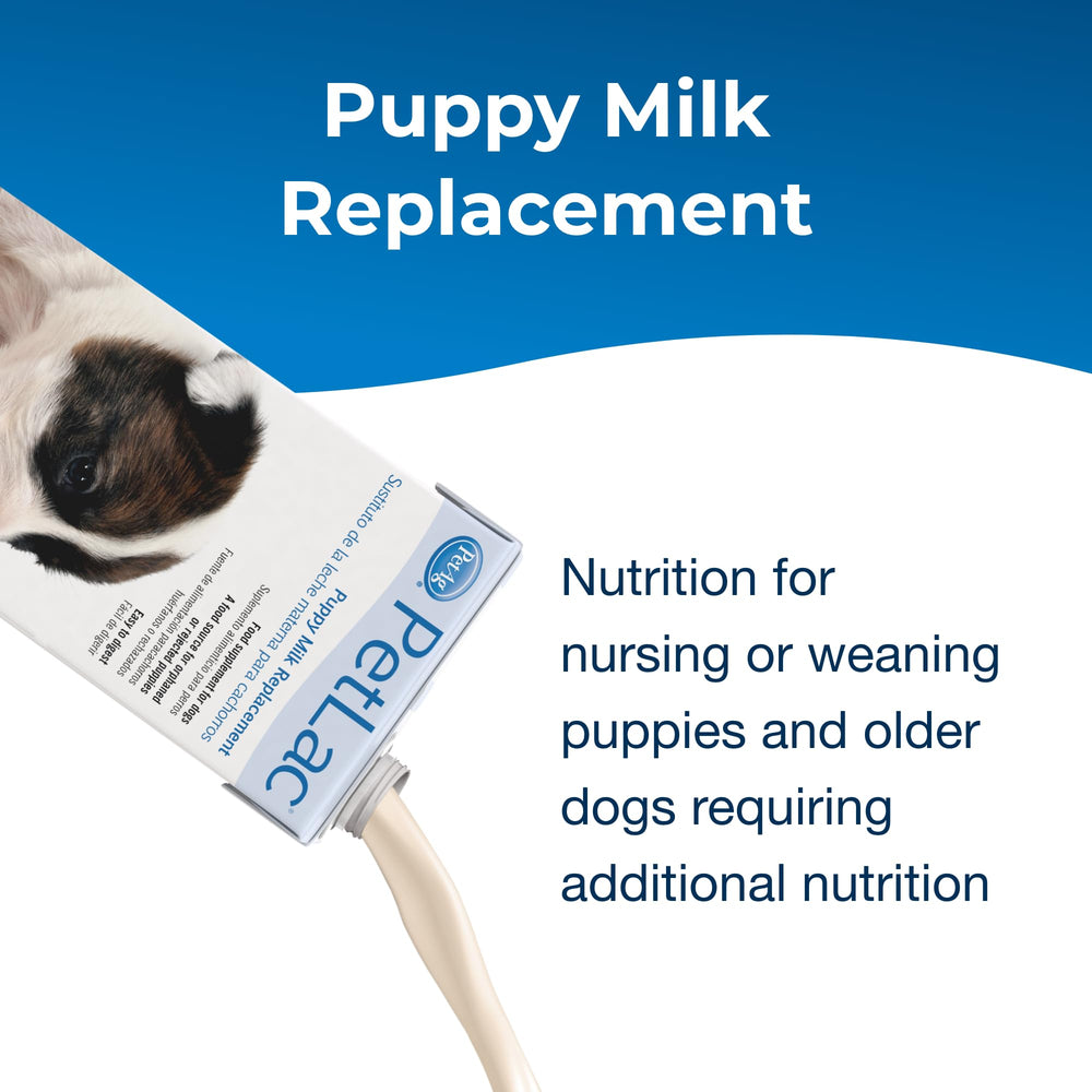 PetLac PetAg, emballage TetraPak, fermeture pratique pour plusieurs chiots.